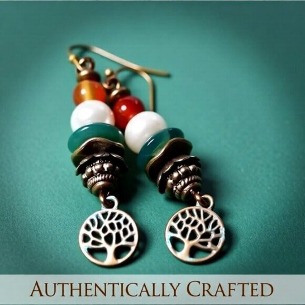 Agate Carnelian Faux Pearls + Patina'd Tree of Life Earrings - Upscale & Trendy
